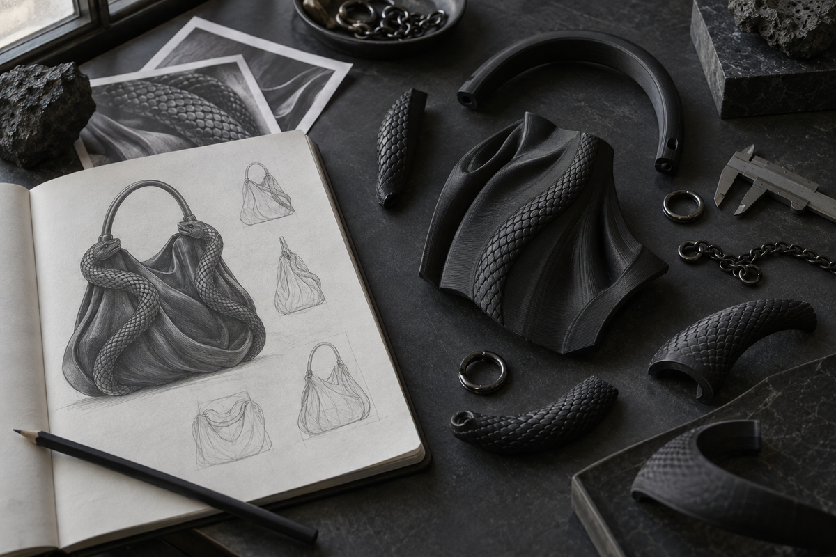Imagem conceitual gerada por IA — estudos de forma e componentes. Substituir por desenhos, telas de modelagem e protótipos reais do desenvolvimento.